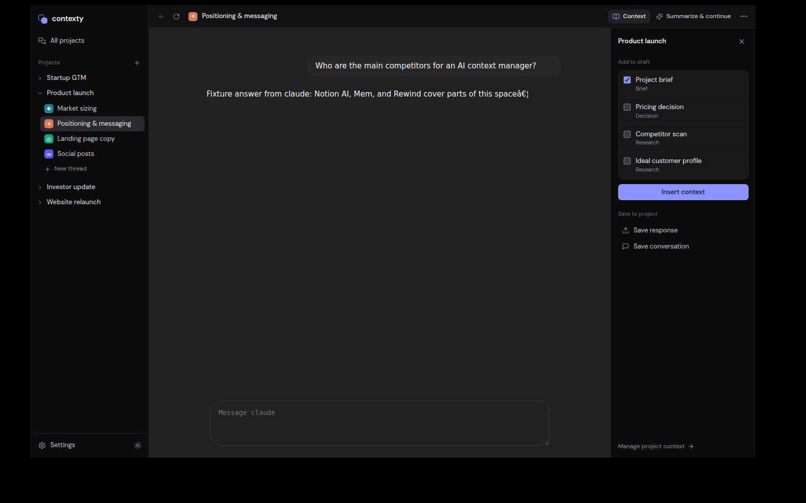 A Claude thread with Contexty’s project context panel, including notes and an Insert into chat button